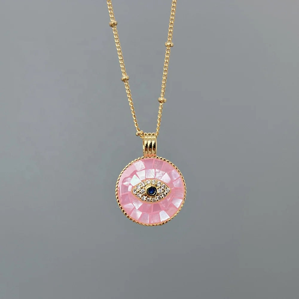 Wholesale Custom Round Pink Sea Shell Crystal Zircon Evil Eye Necklace Women PVD 18k Gold Plated Jewelry