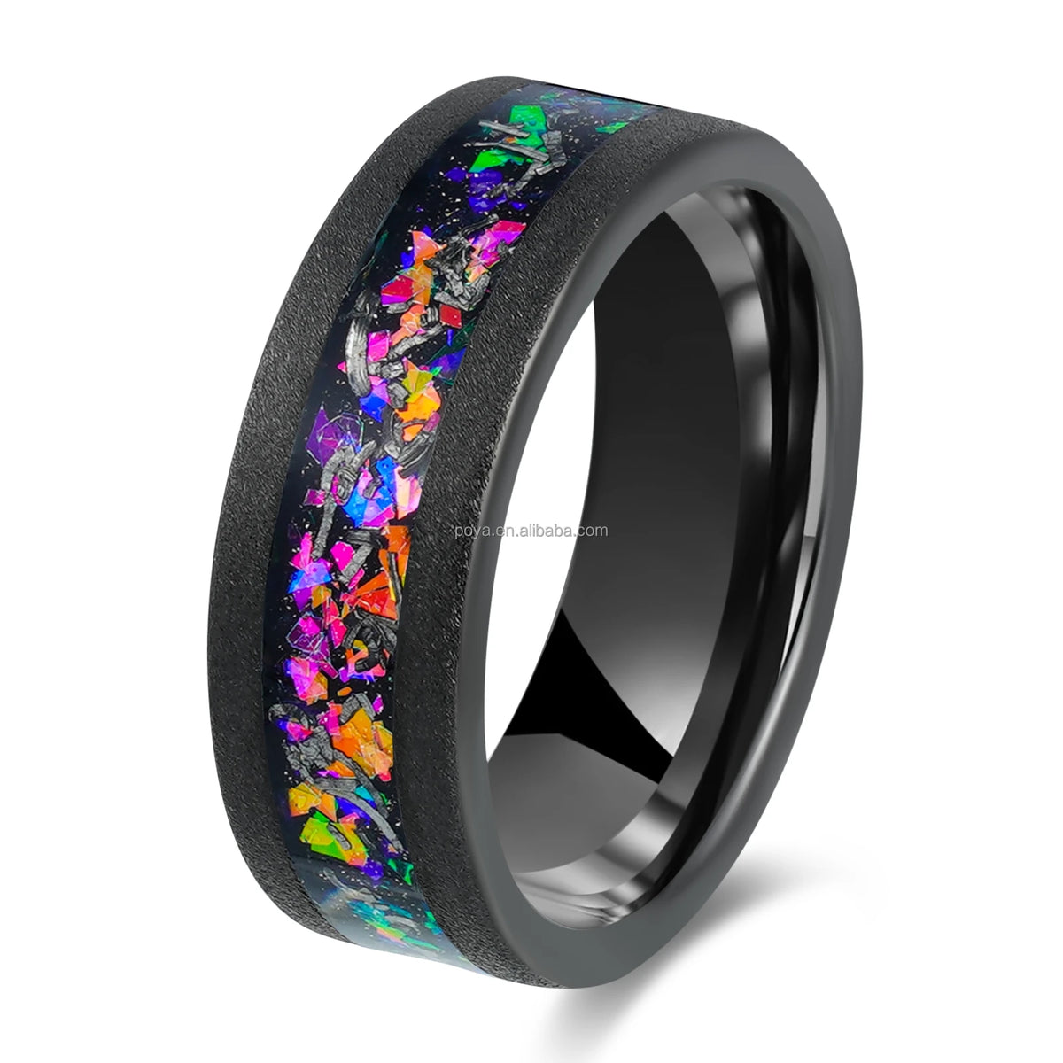POYA Romantic Sandblasted Black 8mm Tungsten Ring Colorful Galaxy Ring Meteorite Shaving Inlay for Wedding Gift Anniversary MegaBDM