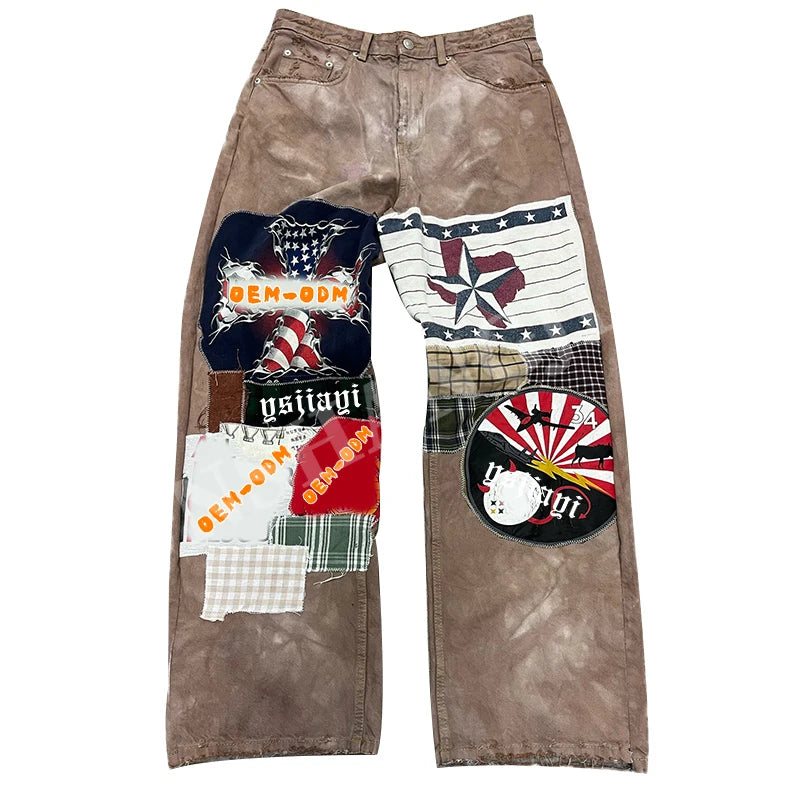 YSJY Wholesale Customized Vintage Streatwear Loose Wide Leg Denim Pants Distressed Patch Embroidery Jeans for Men