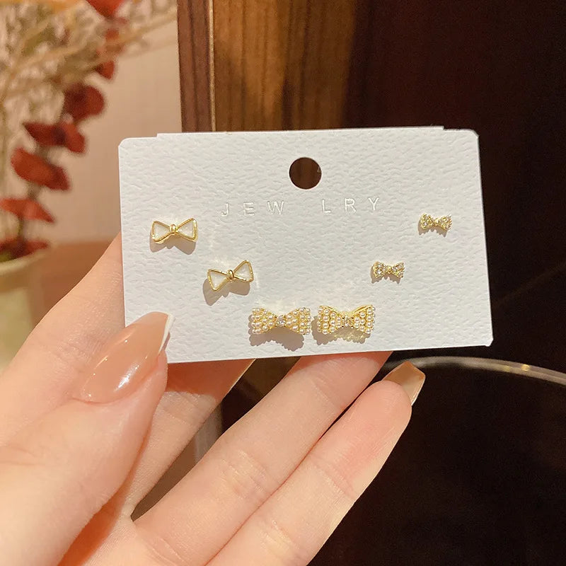 S925 Silver Needle Pearl Bowknot Small Stud Earrings Female Cute Opal Heart Star Ear Studs Earring Set