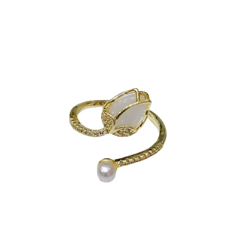 Women Fashion Jewelry CZ Zircon Copper Pearls Plated 18K/14K Gold Retro Pearl Geometric Tulip Planet Opening Adjustable Rings