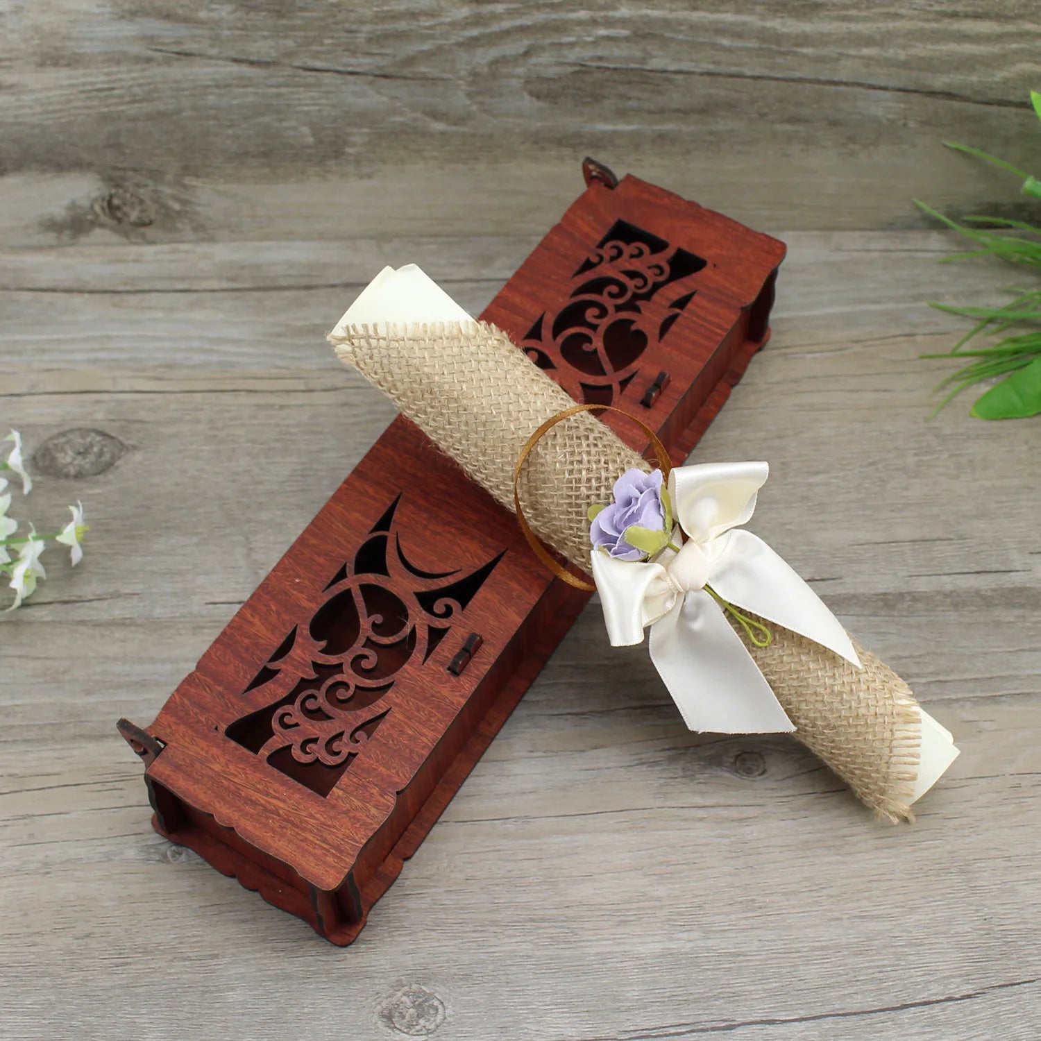 Chinese Unique Laser Cut Wooden Invitation Card With Ribbon and Flower