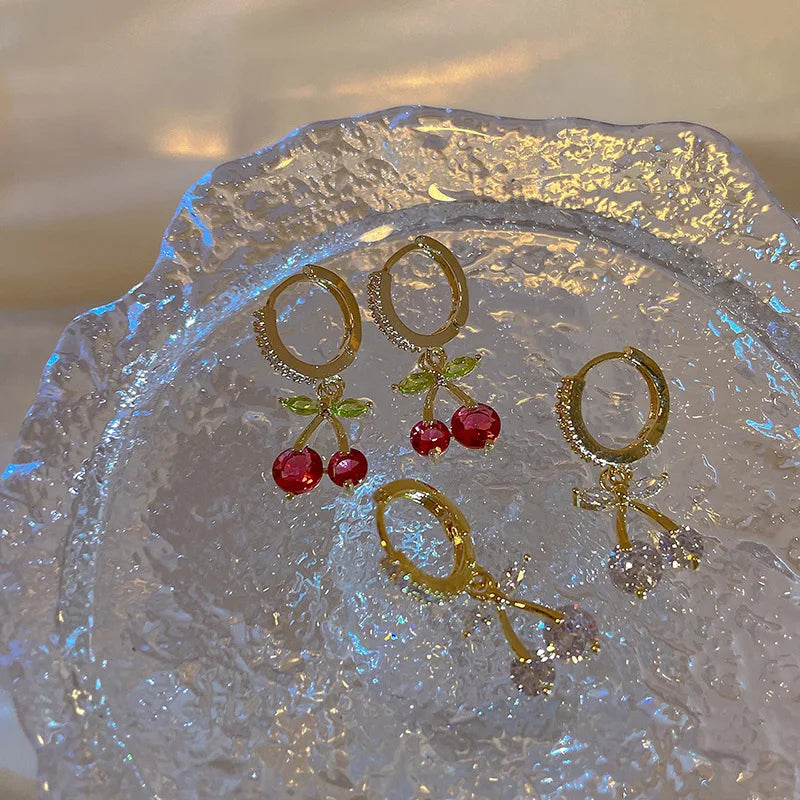S925 Silver Needle Geometric Hoop Earring for Women Sweet Brass Zircon Cherry Earrings Jewelry Fashion Cherry Huggie Earrings