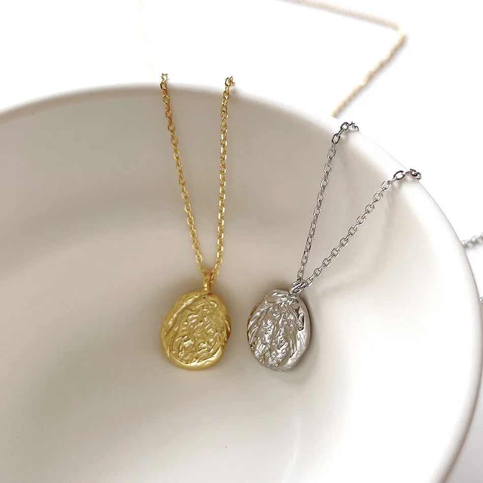 925 Sterling Silver Personalized Initial Necklace with Irregular Round Disc Texture Gold Plated Pendant for Engagement Wedding