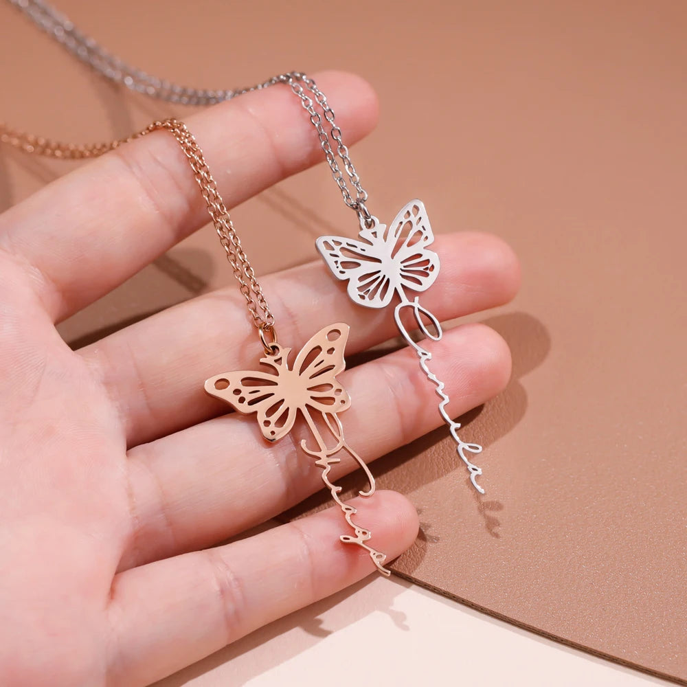 Personalized Trendy Stainless Steel Butterfly Necklace with Engraved Name Custom Gift for Women and Girls
