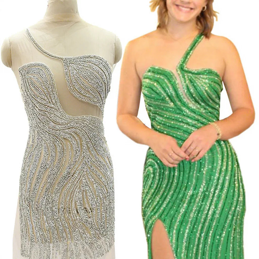 WDP-573 Keering New Design Longer Heavy Handmade Rhinestone Bodice Applique Noble Crystal Beaded Dress Applique Panel