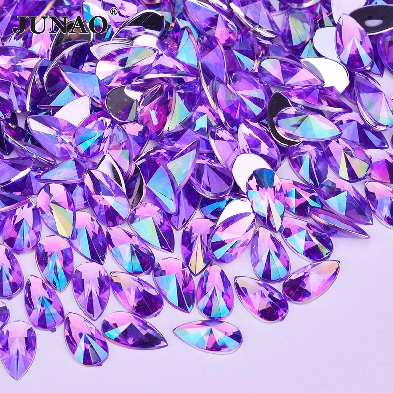 JUNAO 8*13mm Flatback Crystal Stones 9*18mm Purple Acrylic Rhinestones Glue on Drop Rhinestones for DIY Coat