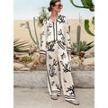 2025 Spring Summer Casual Patchwork Suit Loose Lapel Long Sleeve Shirt Wide Leg Trousers Stain Elegant Printed Women's Pants Set