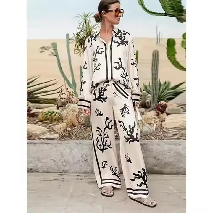 2025 Spring Summer Casual Patchwork Suit Loose Lapel Long Sleeve Shirt Wide Leg Trousers Stain Elegant Printed Women's Pants Set