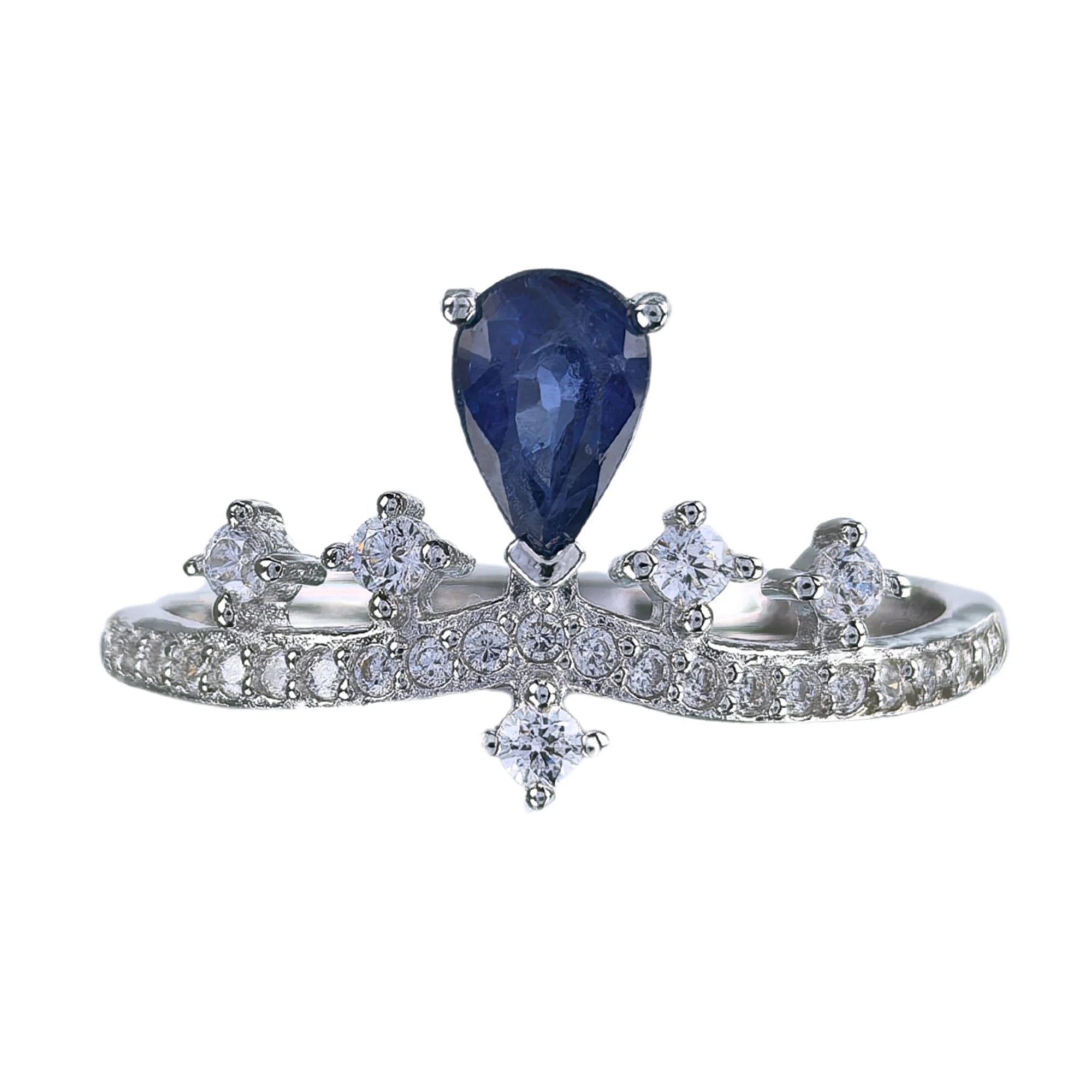 Gorgeous Rhodium Plated 925 Silver Jewelry Natural Sapphire Crown Ring for Women Anniversary Gift