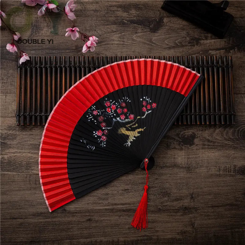 Head Blue Spray Painted Fan Flower and Bird Beauty Picture Female Fan Pearl Handle Spray Painted Silk Folding Fan