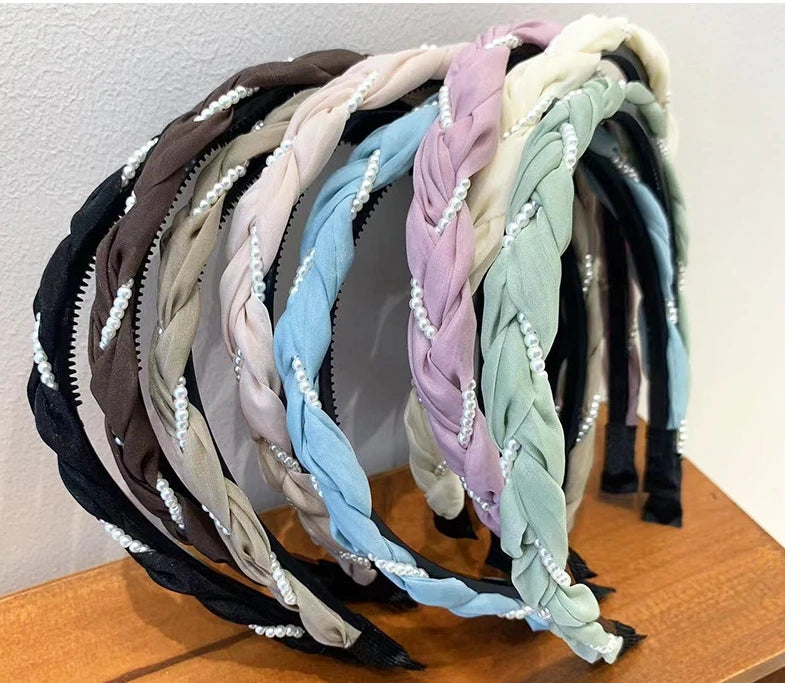 Hair Band Pearl Chain Braid Hair Clip Retro Women's Headdress Printed Cloth Korean Version Small Fragrance Style New Fabric