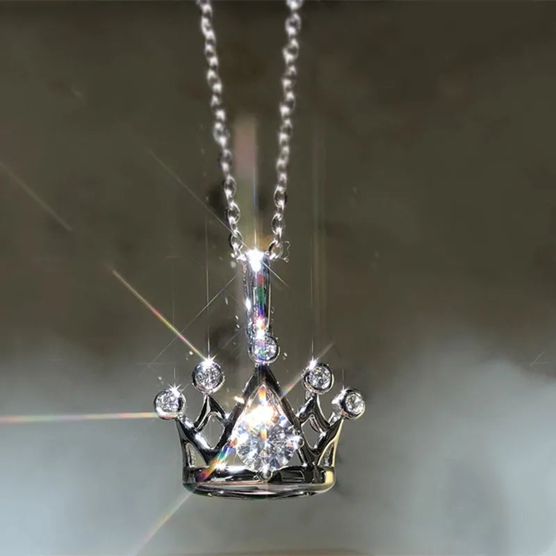 Huitan Low MOQ New King Queen Crown Pendant Necklace for Girl Link Chain 925 Silver Plating Pave Diamond Women Crown Necklace