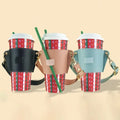 Reusable Travel Cup Holder Leather Coffee Cup Sleeve Tea & Coffee Lovers Gifts Water Bottle Carrier Bag with Straw Holder
