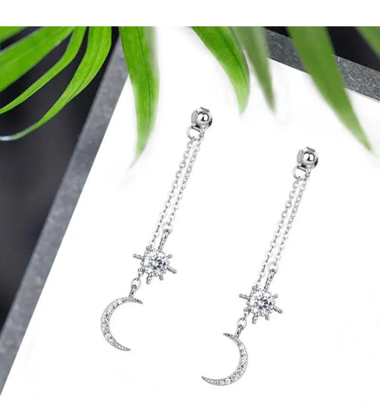 New Hot Fashion 925 Sterling Silver Crystal Star Moon Long Earrings for Women Girls Gift Fashion Statement Jewelry
