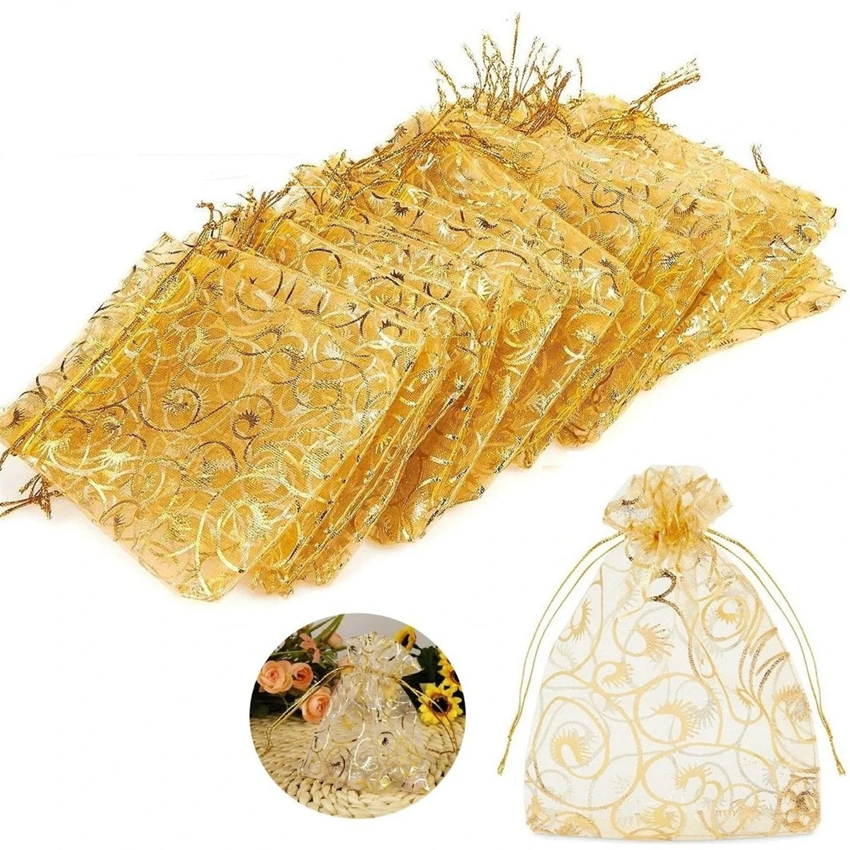 1PCS Golden Drawstring Organza Pouches Wedding Party Jewelry Candy Gift Bags
