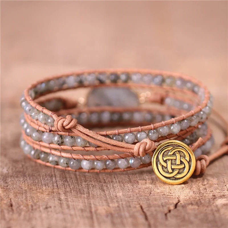 New Boho Grey Labradorite Leather Wrap Bracelet Natural Stone Handmade 3 Strands Beads Cord Bracelet Unisex Jewelry Dropshipping