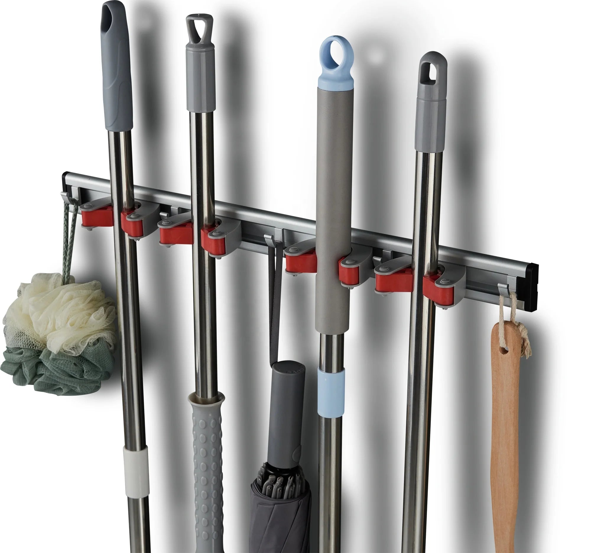 Heavy- Duty Mop and Broom Holder Factory Aluminum Gripper Wall Mounted Tools Organizer  4 Holders 5 Hooks Rack