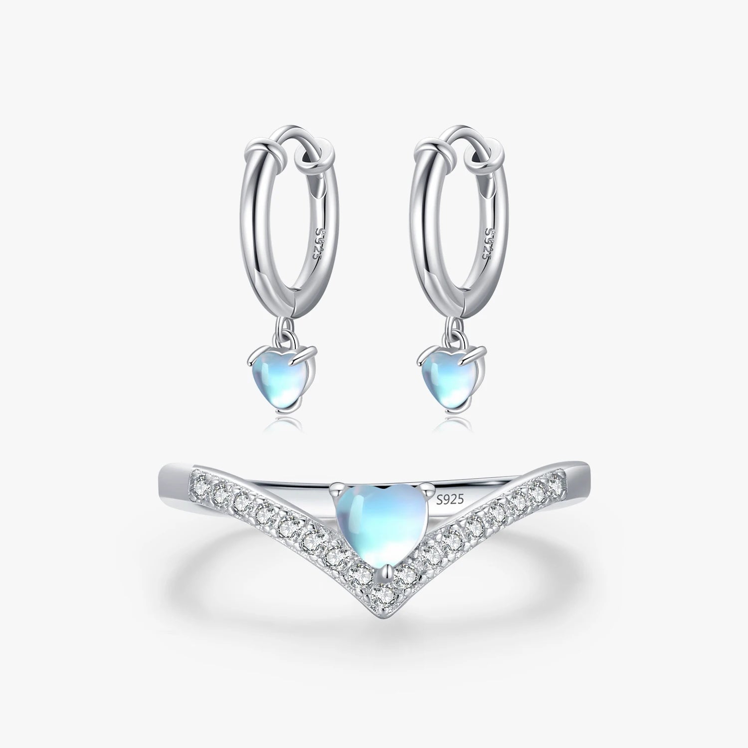 925 Sterling Silver Hearts Moonstone Hoop Earrings Fashion Exquisite Arrow Rings for Women Jewelry Sets
