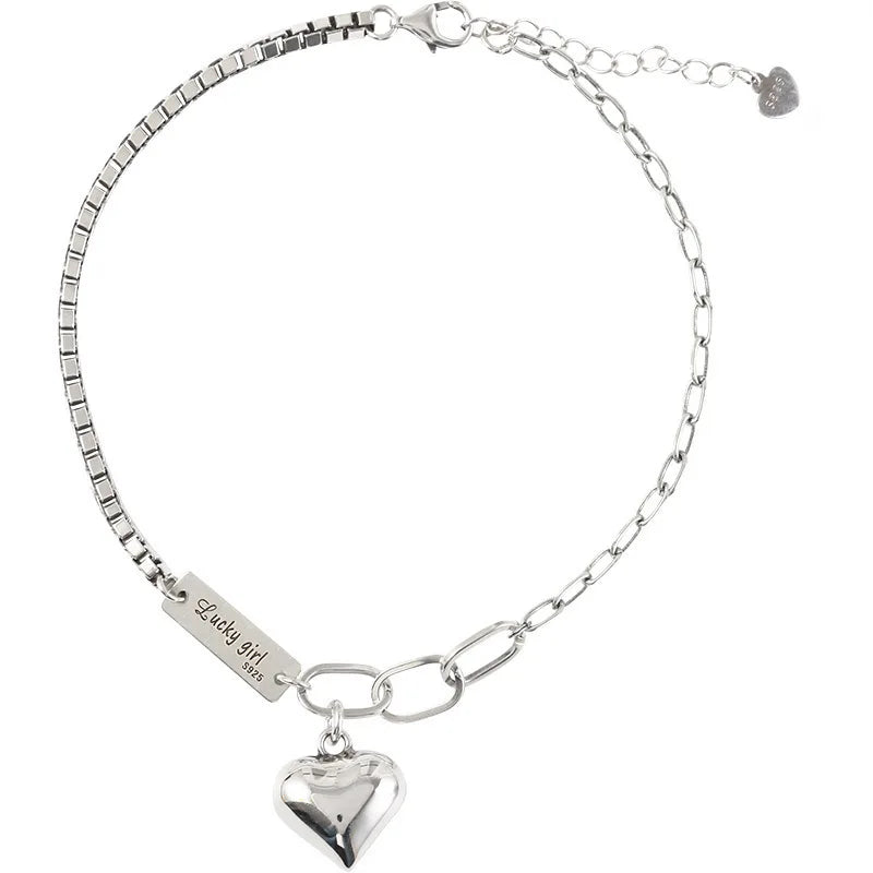 Korea 925 Sterling Silver Heart Bracelet Female Retro Thai Silver square Letter Bracelet Simple Jewelry