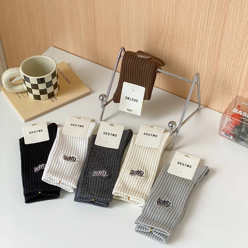 Trendy Men's Long Cotton Socks Letter Embroidery Solid Color Woven Techniques Casual Unisex Design Adults Spring Season Usage