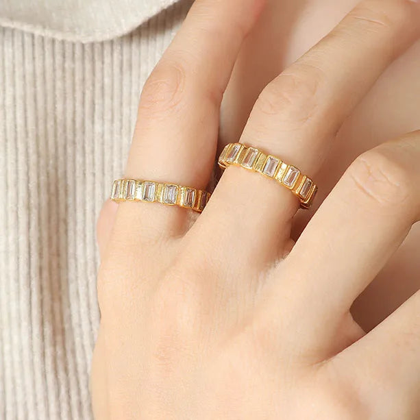 Fashion High Quality 316L Stainless Steel 18K Gold Plated Tennis Finger Rings Zircon Stone for Women Wedding