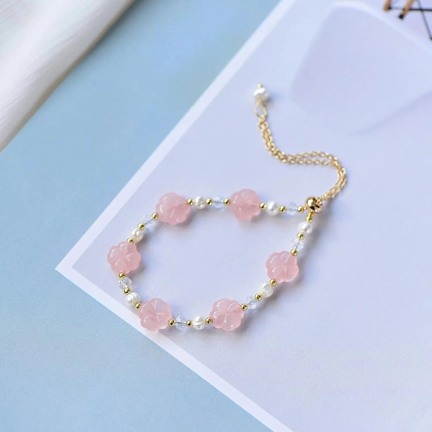 Cute Sweet Women Girls Pink Natural Crystal Rose Quartz Four Leaf Clover Bracelet Femme