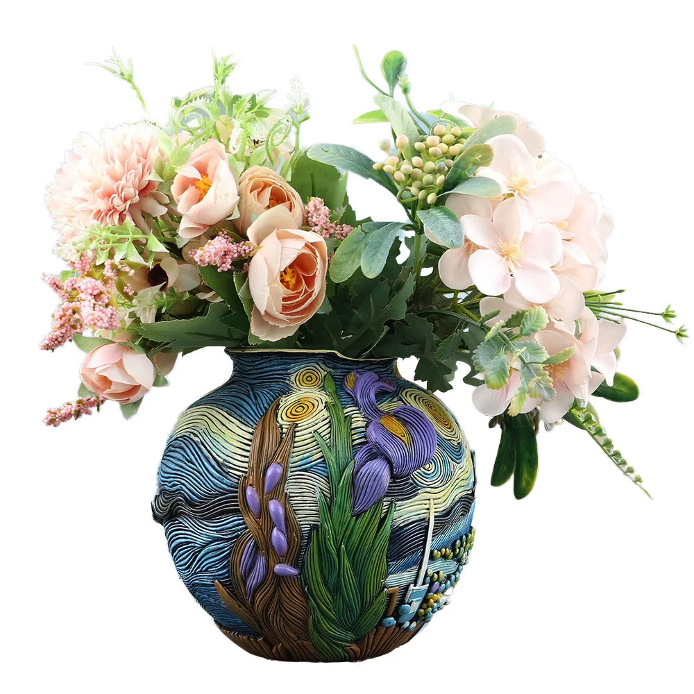 Handmade Resin Table Vase Van Gogh Starry Night Inspired Floral Arrangement Floral Art Craft for Home Decor Desktop Ornament