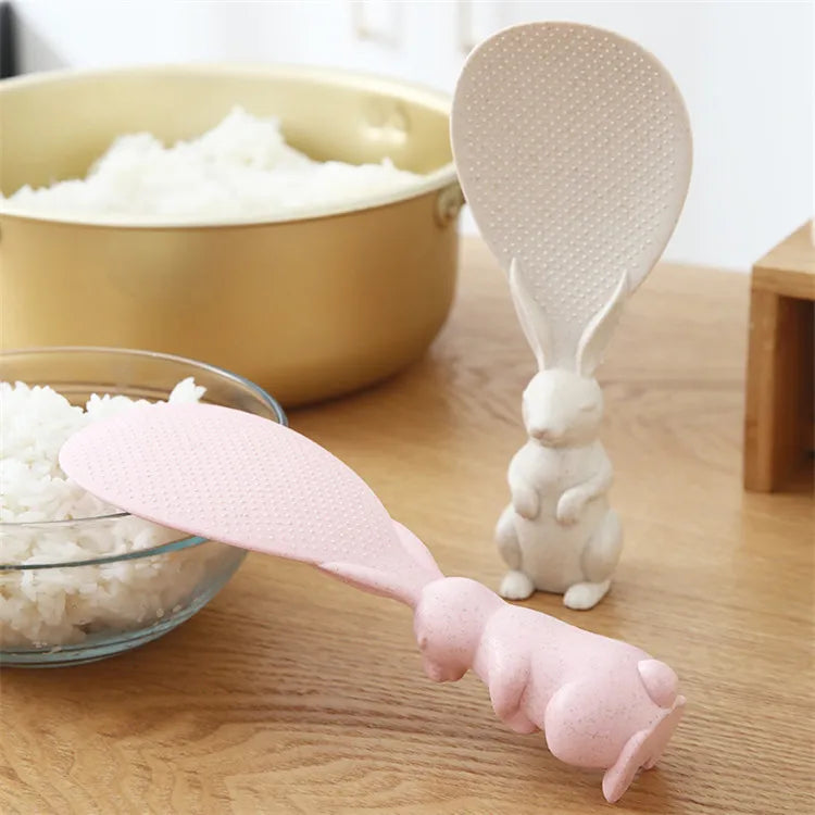 Non-stick Cute Cartoon Rabbit Rice Spoon Plastic Wheat Straw Kids Children Kitchen Hollow Rice Food Spoon