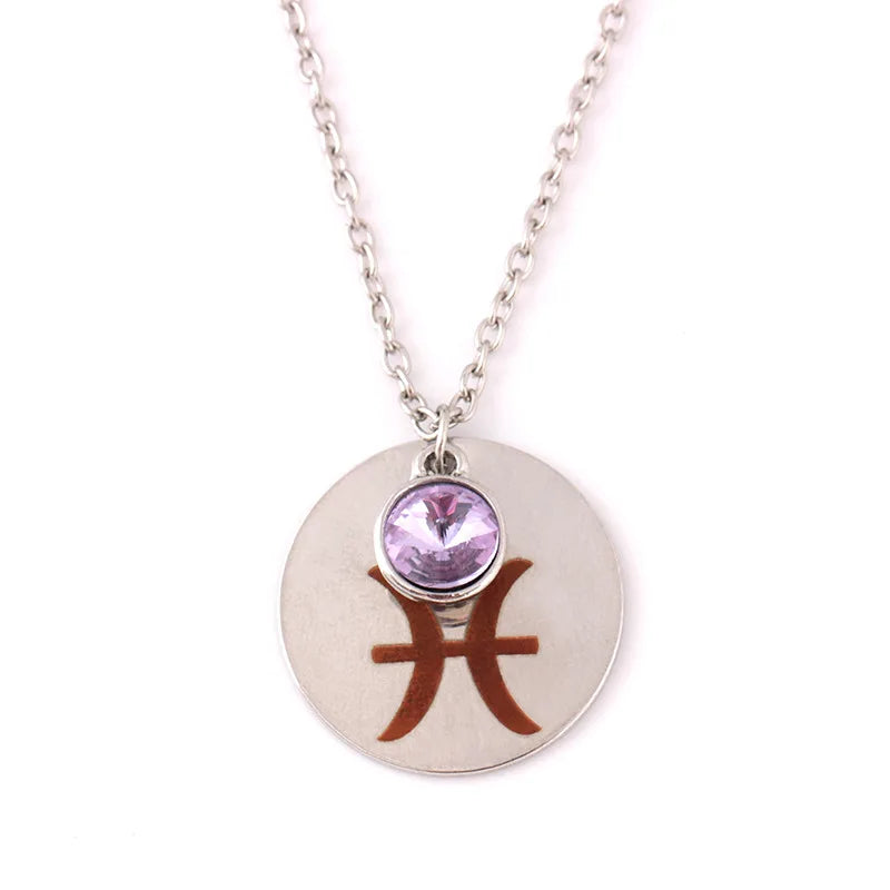Women's 12-Month Astrological Design Long Birthstone Pendant Necklace with Romantic Link Chain Rhinestone Spiritual Inlay