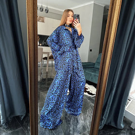 Light Weight Thin Blue Loose Shirt Top and Wide Leg Pants Autumn Fashion Streetwear Women's Outfits Cheetah Print Two Piece Set