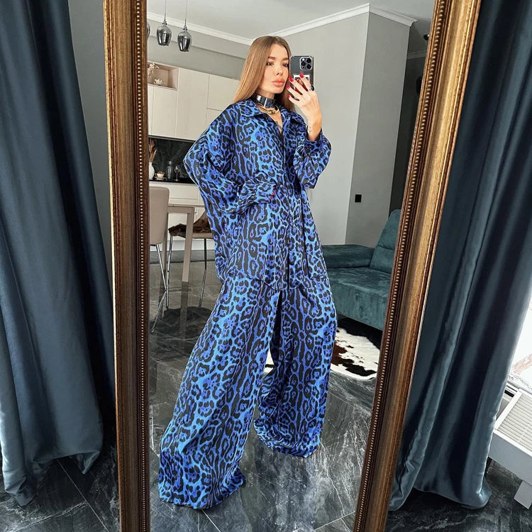 Light Weight Thin Blue Loose Shirt Top and Wide Leg Pants Autumn Fashion Streetwear Women's Outfits Cheetah Print Two Piece Set