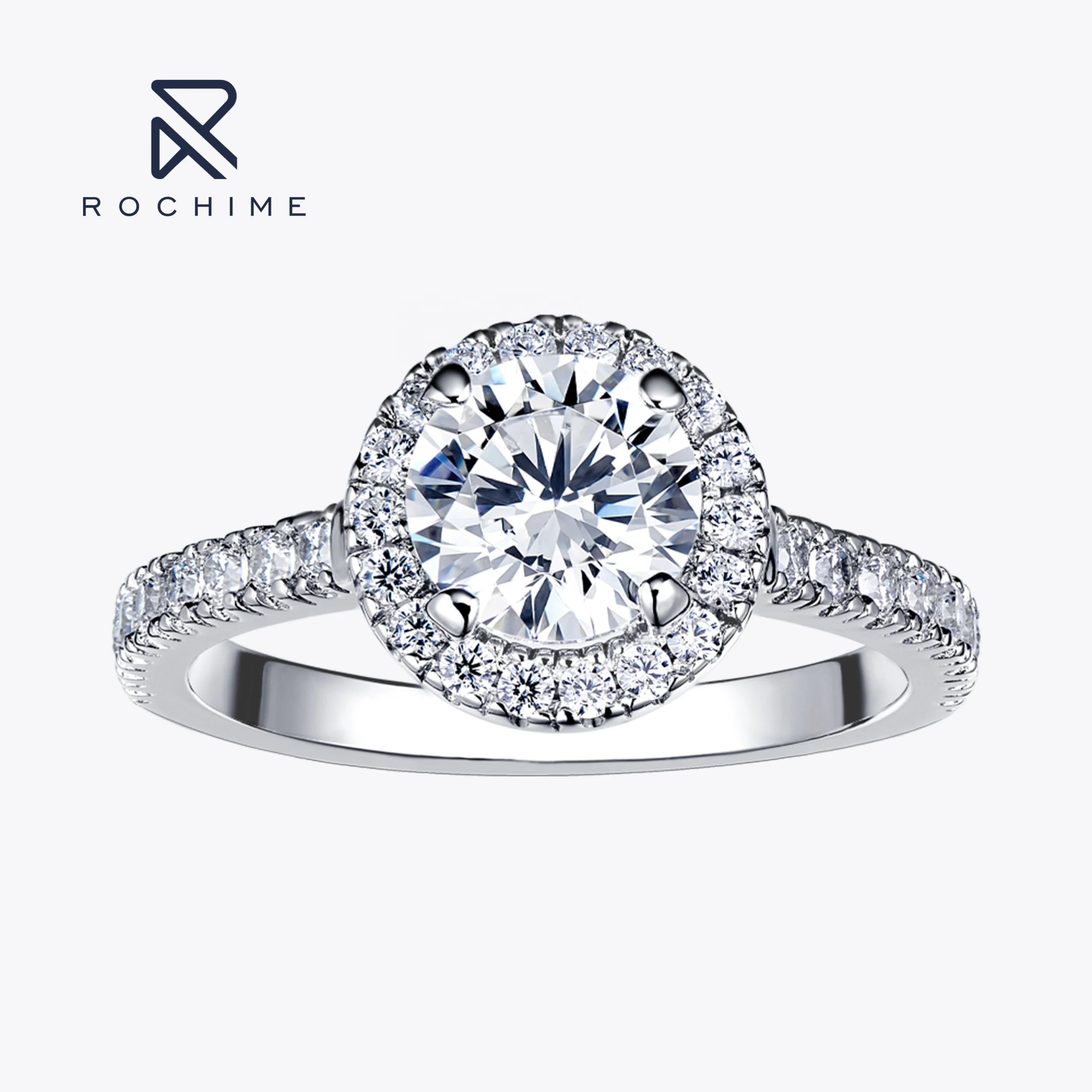 Rochime Luxury halo Round Brilliant  High Carbon Diamond Ring 925 Sterling Silver Rhodium Plated 5a Zircon Jewelry for Women