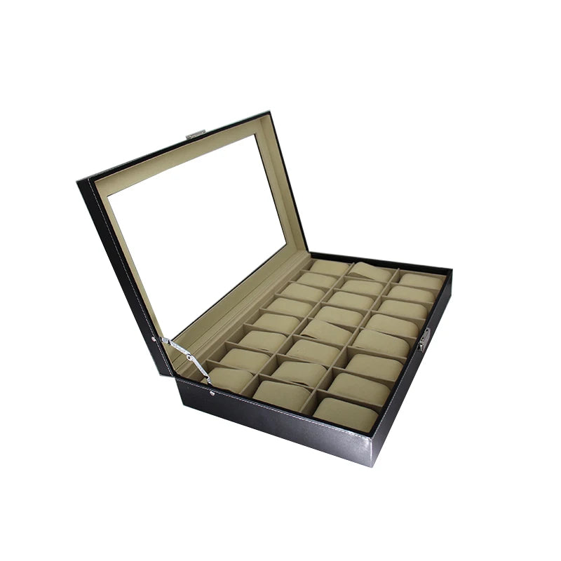 OEM Customized logo Beige Flannel 24 Slots Black Leather Packaging Watch Box with Pillow