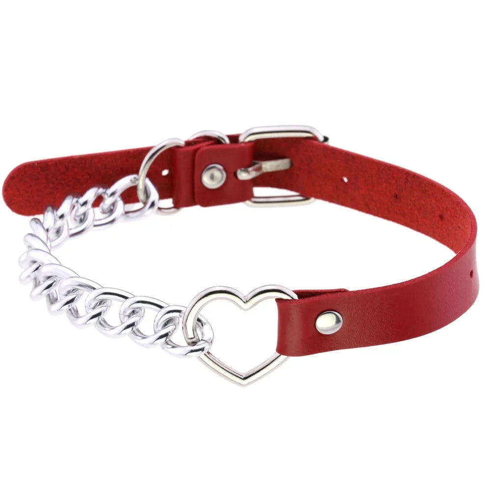 Personality Leather Love Collar Necklace Punk Metal Splicing Heart Shaped Neck Chain Collarbone Chain Female Neck Strap