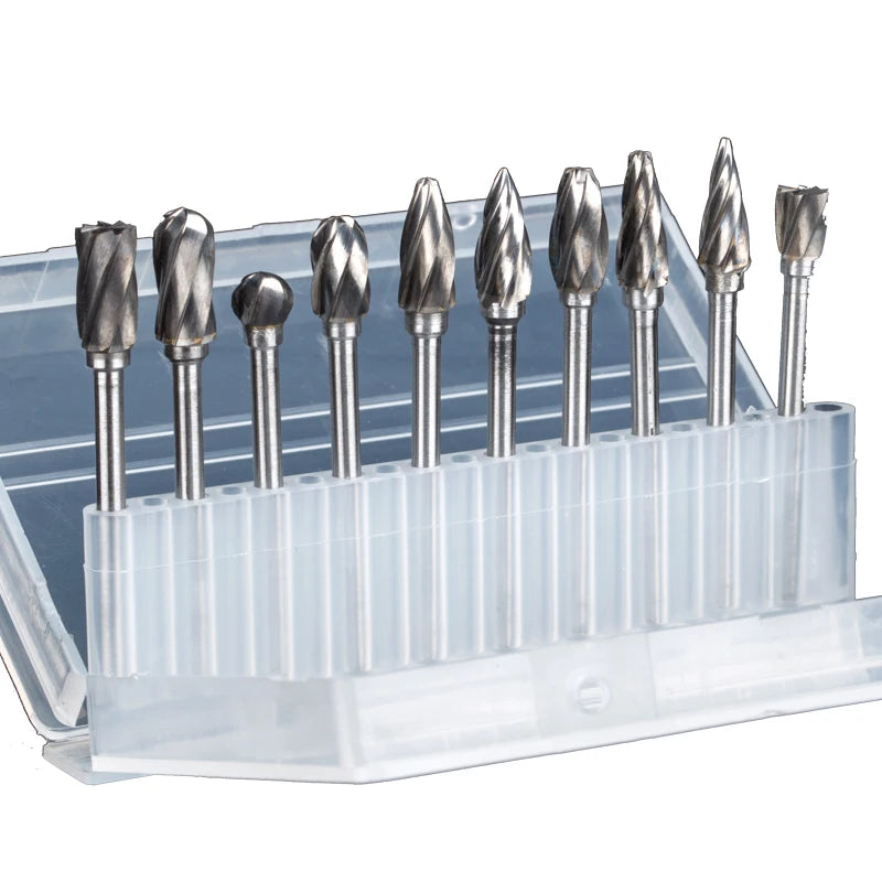 HUHAO 10 Pcs 3mm Shank Carbide Cutting Single Cut  Rotary Burr Tungsten Carbide Rotating Burr Electric Grinding Drill Bit
