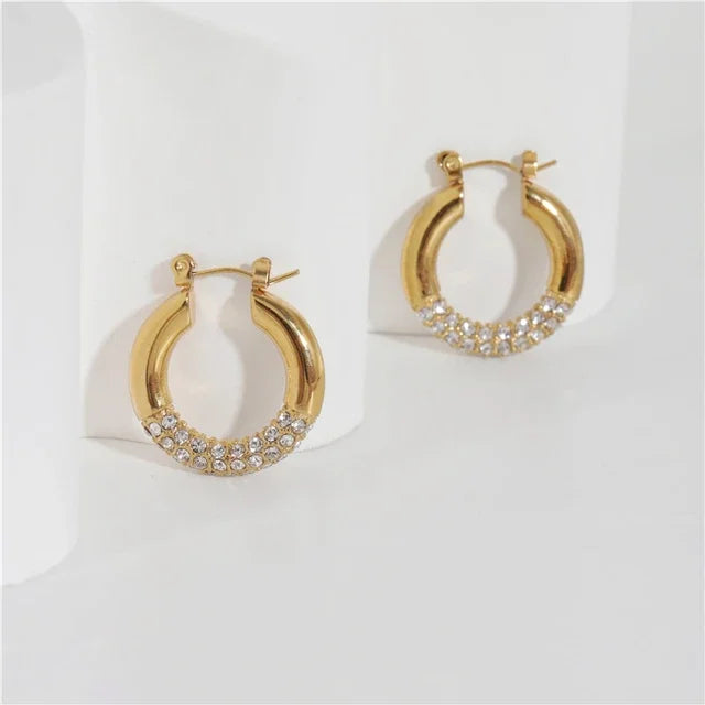 New Arrival Trendy 18K PVD Gold Plated Zircon Rhinestone Stainless Steel Hoop Earrings for Women