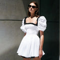 Enyami Summer Romantic Women Elegant Black White Patchwork Short Puff Sleeve Square Collar Casual A-line Dresses