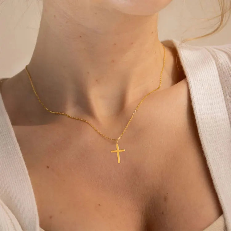 SC Unisex Classic 18K Gold Plated Tiny Cross Pendant Necklace Fashion Religious Stainless Steel Cross Necklace for Women