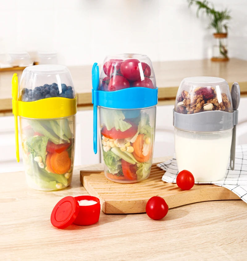 2024 Breakfast Oatmeal Cereal Nut Yogurt Salad Shaker Cup Seal Container Set with Fork Sauce Cup Lid Taper Bowl Fruit Salad Cup