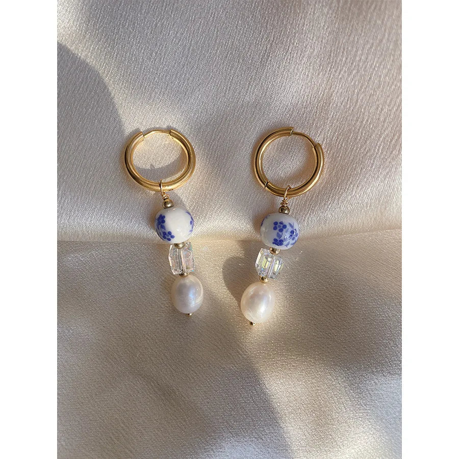 Chinese Vintage Earrings Blue and White Porcelain Natural Freshwater Pearl Drop Earrings for Girls