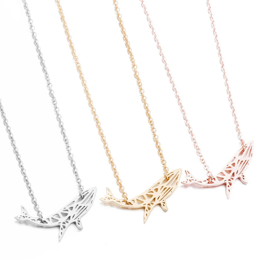 Geometric Gold 925 Silver Shark Whale Tail Stainless Steel Pendant Necklace