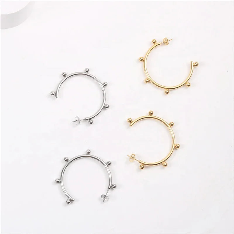 Large 45mm Silver 18k Gold Plated Stainless Steel Ball Dot C Shape Stub Cuff Hoop Earrings