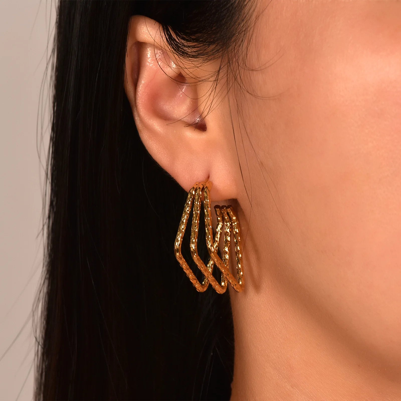 Waterproof Gold Plated 316L Stainless Steel Multi Layer C Shape Rectangle Stud Hoop Earring for Women Men