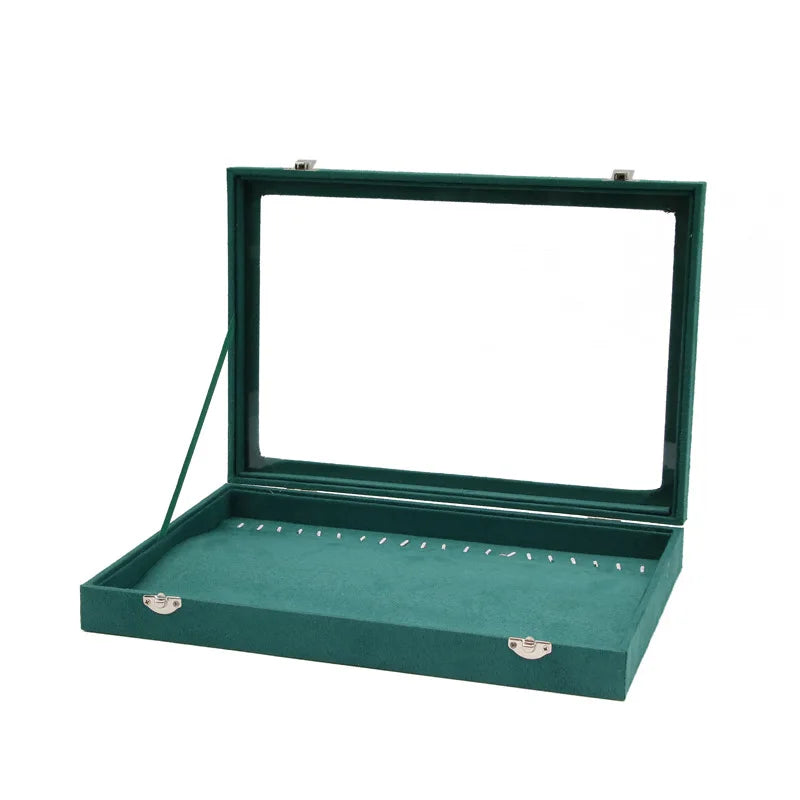 Green Velvet Jewelry Display Box With Transparent Lid Ring Earrings Necklace Storage Velvet Treasure Chest for Women