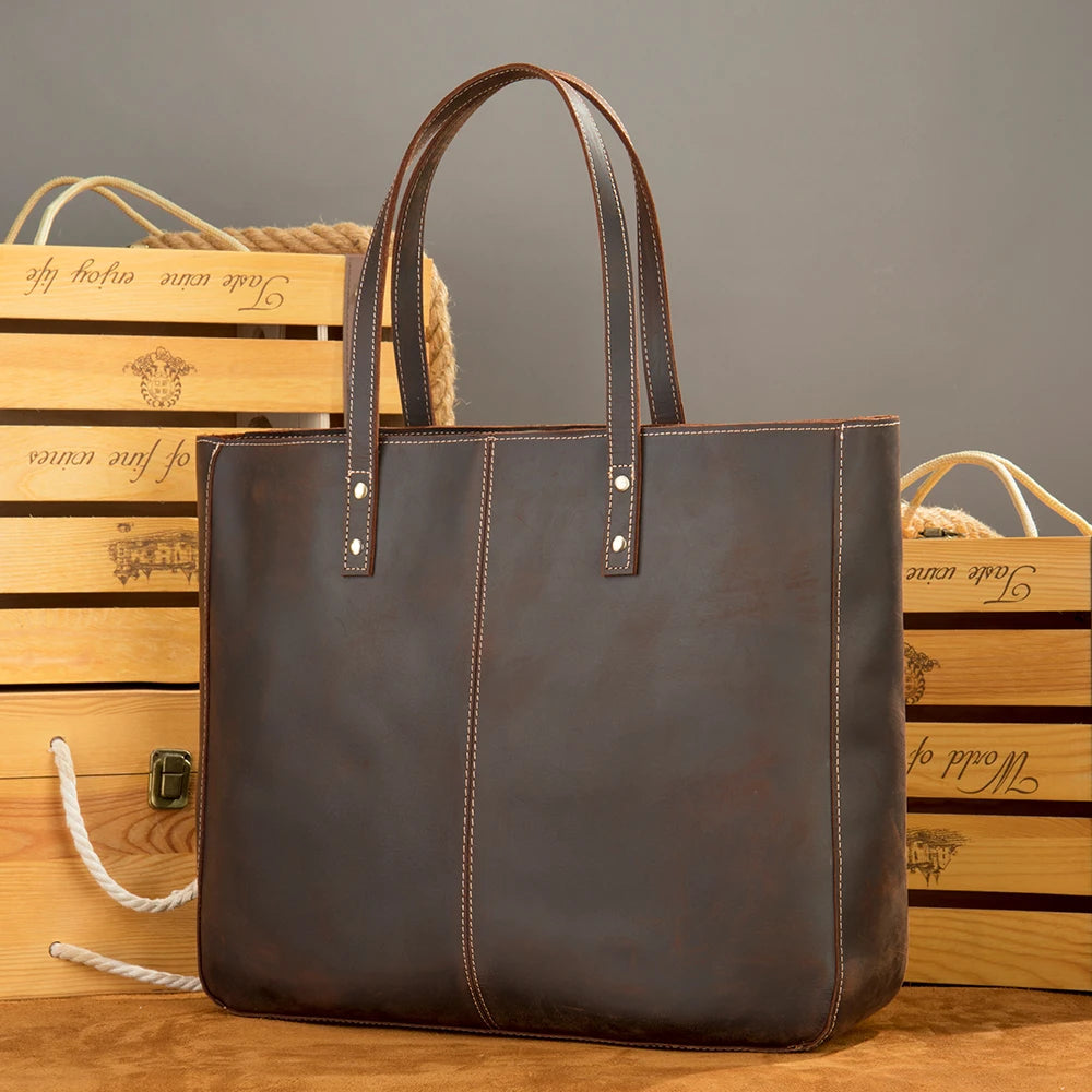 MARRANT Crazy Horse Genuine Leather Shoulder Tote Bag With Zipper Men Laptop Bag Handbag Leather Tote Bag for Women