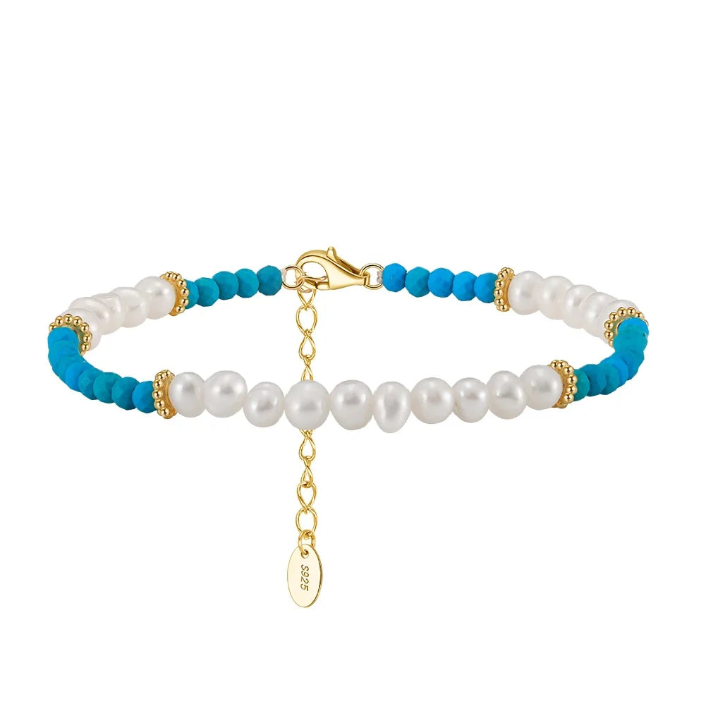 For MPB01 Natural Freshwater Pearl Plus Turquoise Purple Mica Nature Gemstone 925 Silver Gold Plated Baroque Shape Bracelet