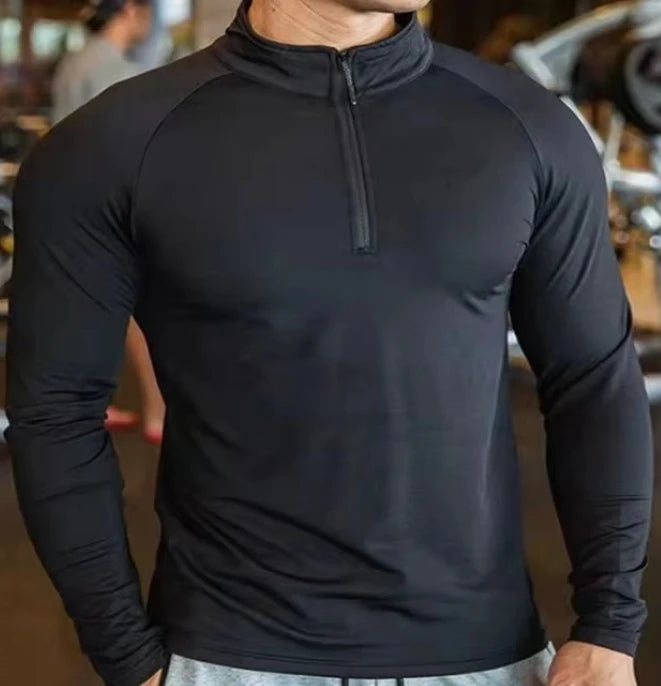 Full Sleeve Quick Dry Gym 1/4 Quarter Zip Top Tshirts Gym Fitness Sportswear Long Sleeve Men's Workout T Shirt for Men