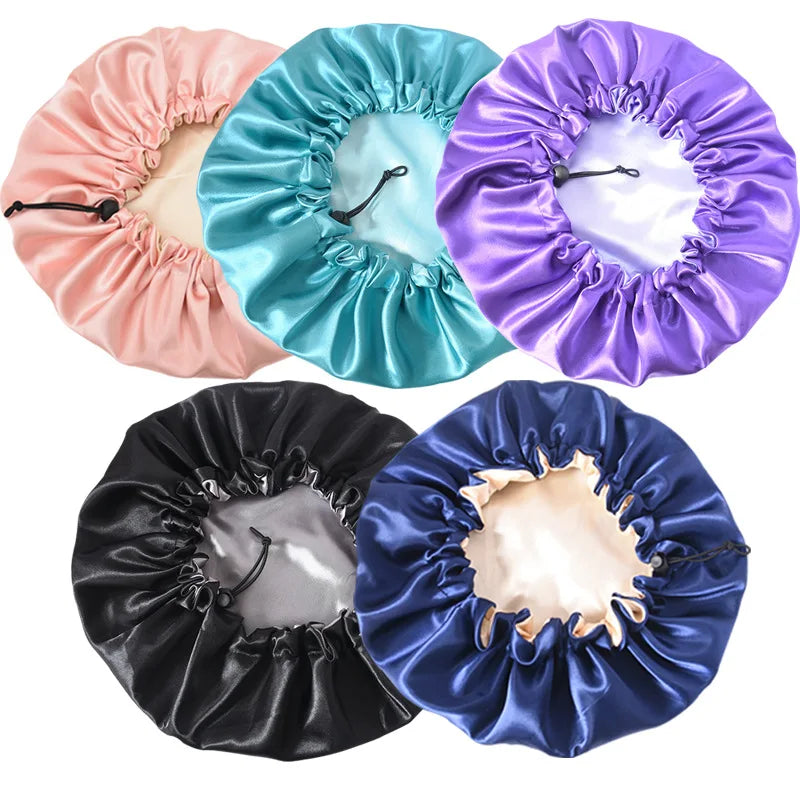TDG Wholesale Designer Custom Logo Print Double Layer Sleeping Satin Hair Bonnet With Elastic Drawstring Ties for Women