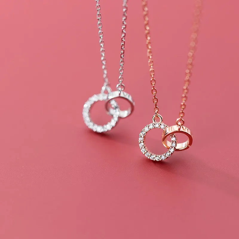 Fashion Double Round Pendant Rose Gold Plated 925 Sterling Silver Interlocking Circle Double Ring Necklaces Jewelry for Women